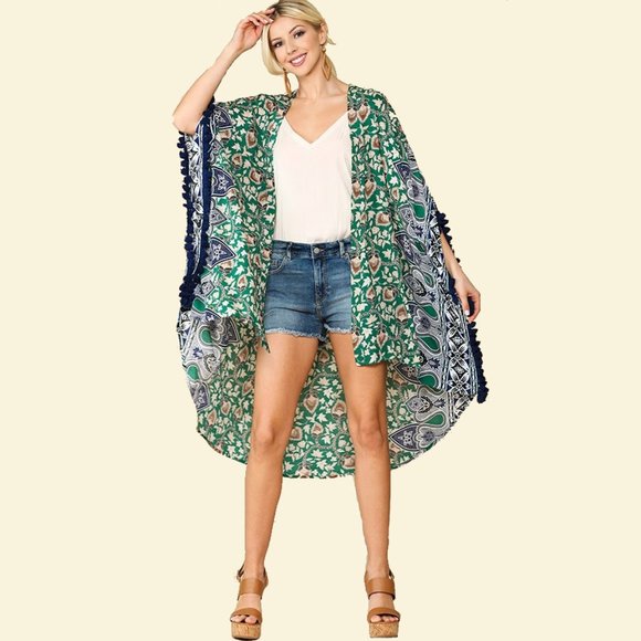 Gigio Border Print Tassel Trim Kimono • NWT • Rayon • Hi-Lo Hem • Open Front - Picture 3 of 6